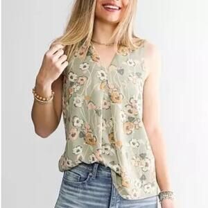 Buckle Black Floral Tank Womens Medium Sage Green V-Neck Casual Sleeveless Top